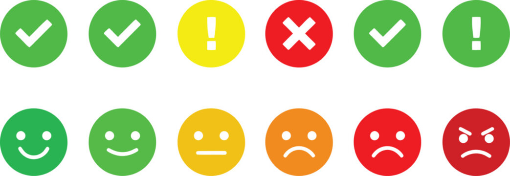 Set of twelve circular feedback icons arranged in grid showing checkmarks warnings and emotion faces for UI survey design