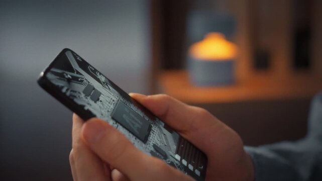 In a modern home office, a man holds his smartphone and begins installing an AI assistant. The device screen shows the download interface as he aims to automate daily tasks, simplifying his routine