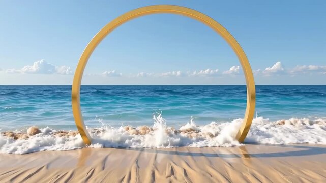 Beach Scene with Golden Arch Framing Ocean Waves and Sandy Shoreline under Clear Blue Sky