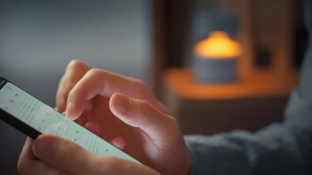 In a quiet evening at home, a man holds a touchscreen smartphone, opens the calendar app and methodically adds reminders, tapping the screen with focused precision as the room stays softly lit