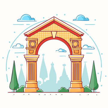 Stylized Archway with Classical Columns and Trees