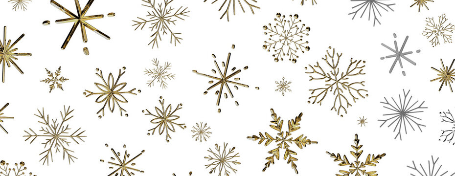 Beautiful gold and silver snowflakes scattered across a clean white background, perfect for winter h