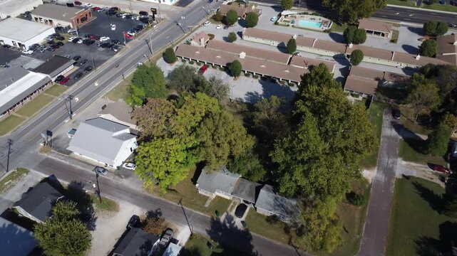 Drone footage of the Route 66 corridor near Rail Haven Motel in Springfield, Missouri, featuring local businesses, traffic, and urban development.