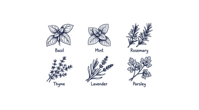 Hand drawn herb doodle set basil mint rosemary thyme lavender