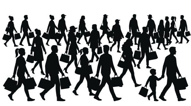 A detailed black vector illustration showing a large crowd of people walking with shopping bags