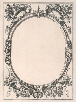 Vintage oval floral frame on old paper background. Antique baroque engraving illustration cartouche template with empty copy space. High-quality rustic portrait border for wedding invitations