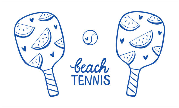 Hand-drawn illustration of matkot or frescobol set. Line drawing of beach tennis rackets and ball with hand lettering phrase. Web banner with vector outline clip art for summer active game.