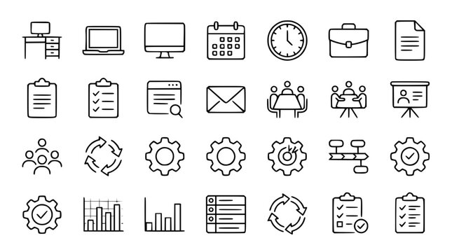 Corporate business management project workflow and office organization thin line icons set for digital user interface
