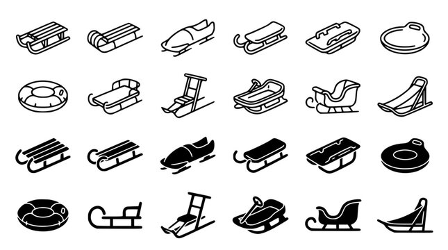 Isometric winter sled sleigh and bobsled icons bundle for snow recreation activities holiday winter sports illustration