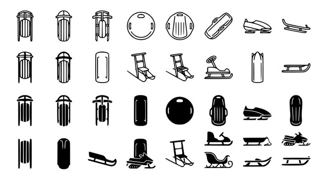 Winter sled sleigh and snowmobile outline and glyph icons set for snow activities seasonal sports vector illustration