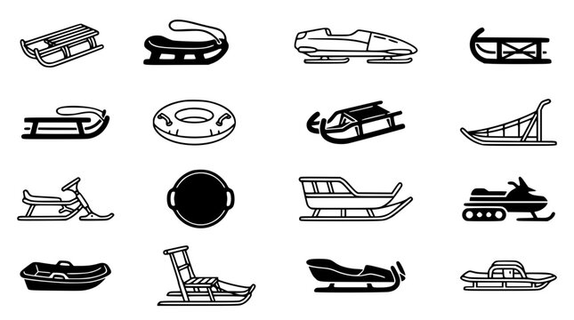 Winter sled sleigh and snowmobile sports icons set for outdoor snow activities recreation and transport vector illustration