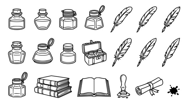 Vintage line art writing tools with inkwell bottles feather quills old books scroll and wax seal stamp vector illustration