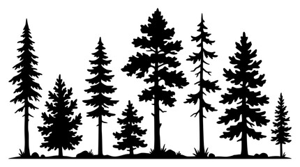 Pine tree forest black silhouette collection featuring coniferous evergreens fir spruces and woodland nature elements landscape vector bundle © MdSabbir