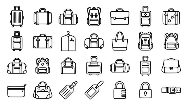 Travel luggage and baggage line icon collection featuring travel suitcases rolling backpacks garment bag and safety locks vector