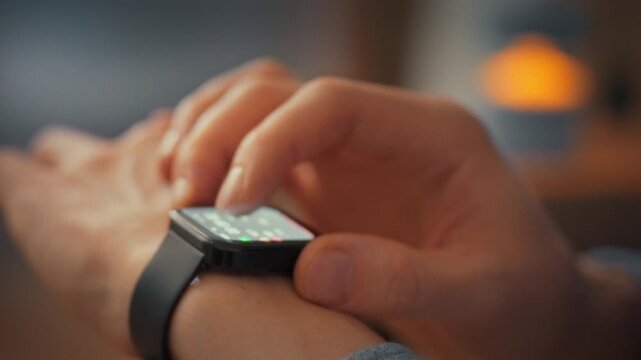 In his quiet home, man studies his smart watch screen, reviewing yesterday's physical activity with detailed numbers graphs. wearable gadget lets him track fitness and maintain conscious body control