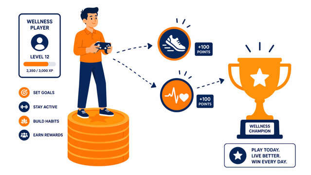 Conceptual illustration of a wellness gamification system where healthy habits earn rewards and lead to success