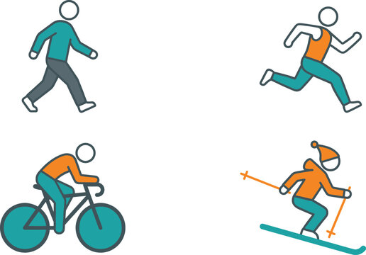 Active stick figures performing different outdoor sports and fitness activities including walking running cycling and skiing on light blue background