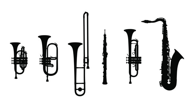 Detailed black vector illustration featuring silhouettes of various brass and woodwind musical instruments for design