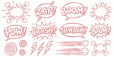 Set of comic book speech bubbles and action sound effects with pink outlines for graphic design projects © ZenVectors