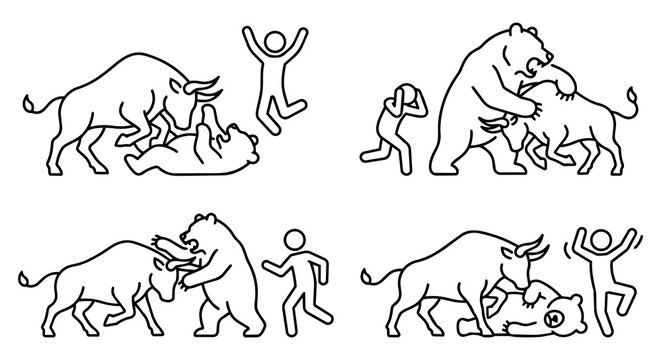 Bull and bear market financial stock trend concept, investor emotion illustration vector