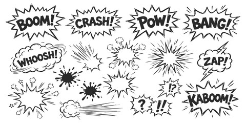 Set of hand drawn comic book speech bubbles and explosion sound effect bubbles with text for graphic design © ZenVectors