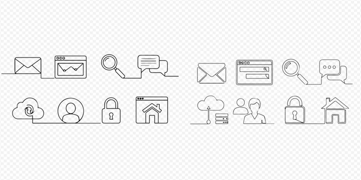 Continuous line drawing of various internet and web icons, depicting concepts like email, search, cloud, user, security, and home pages.