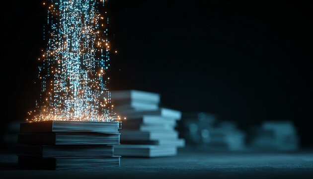Glowing digital symbols on book, digital lights glowing generated.AI
