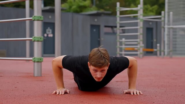 Frontal low view of athletic white male doing push ups in public workout zone with focus