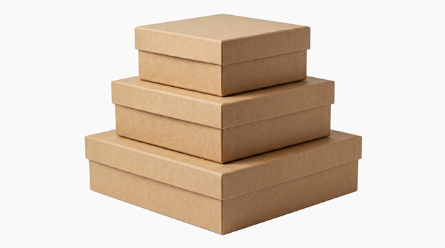 Stack of four cardboard boxes with lids on plain white background