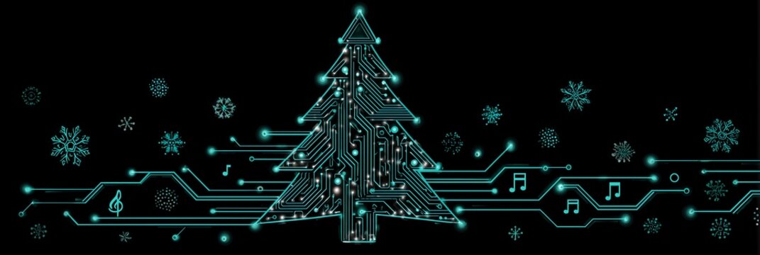 Tech Christmas tree circuit board design with cyan neon lights, snowflakes and music notes for digital holiday, tech event and festive backgrounds