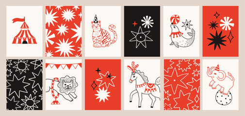 Simple naive circus animals illustration poster set. Lion, horse, tiger, seal, stars postcards. Amusement park, party. Doodle simple cartoon funny contour line style. Banner, print,  Birthday card.  © Anna