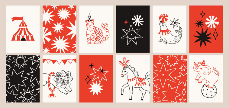 Simple naive circus animals illustration poster set. Lion, horse, tiger, seal, stars postcards. Amusement park, party. Doodle simple cartoon funny contour line style. Banner, print,  Birthday card. 