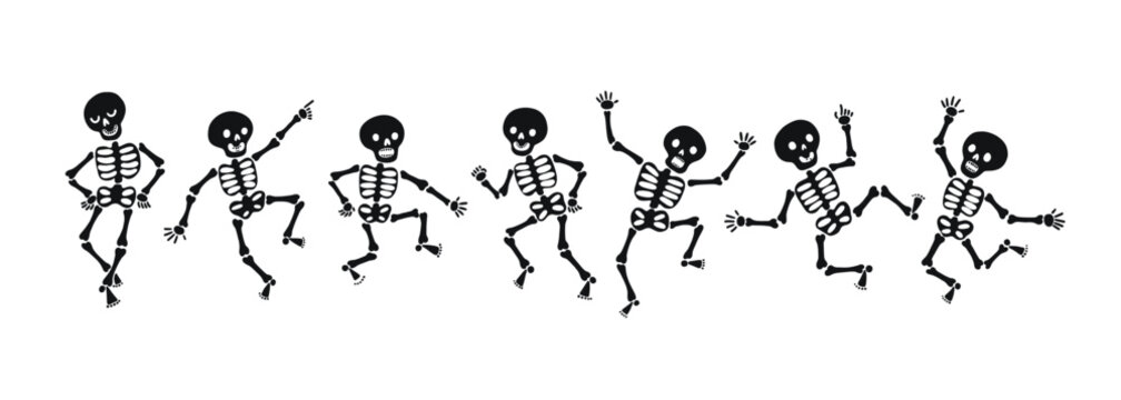 Playful doodle Halloween Skeleton illustration set. Simple black dancing skeletons in different pose. Flat modern trendy childish style. Funny scary dead bones. 31 October celebration, stickers.