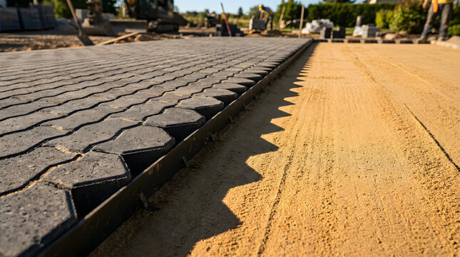 Freshly laid interlocking brick pavement on urban street construction site. Generative AI image