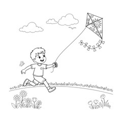 Fototapeta premium Boy flying a kite in a field with flowers and clouds