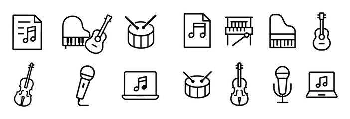 Naklejka premium Music icons with guitar and piano thin outline