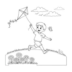 Boy flying kite in park with flowers and butterfly nearby