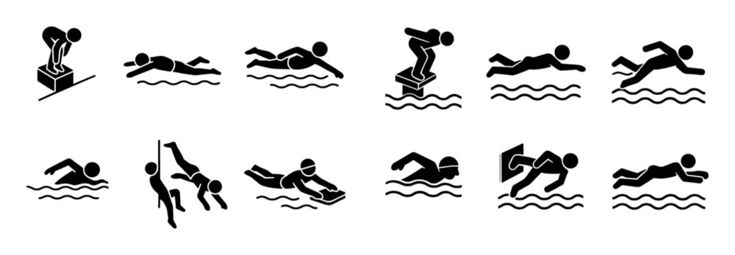 Swimming icons with diver swimmer surfer solid