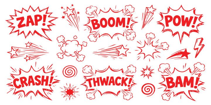 Set of colorful comic book speech bubbles with sound effects like boom pow zap and crash in red and yellow