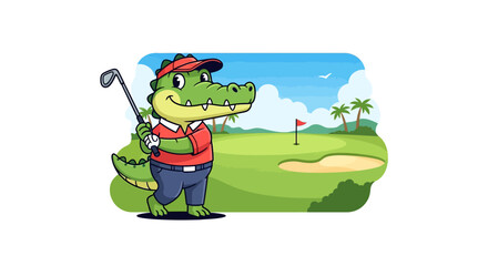 Obraz premium Cartoon Alligator Golfing on Sunny Green Course