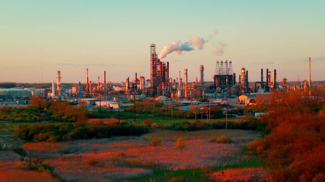 An industrial complex emits smoke against a colorful evening sky. The surrounding landscape is bathed in warm light. Suitable for environmental or industrial topics. Oil Refinary in Joliet Illinois