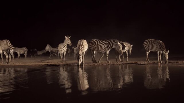 Zebra Herd Drinking on Night Safari in Africa, Nocturnal African Wildlife Animals at a Watering Hole, Zebra on the Savannah at Night Time in the Dark.