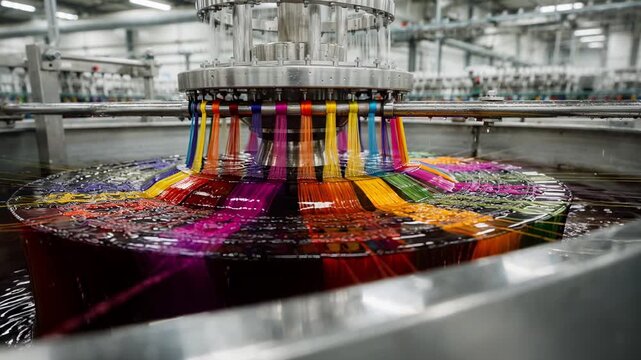 Medium shot focusing on dyedinbath acrylic fibers being spun capturing vibrant color infusion and wet spinning process in a modern textile facility.