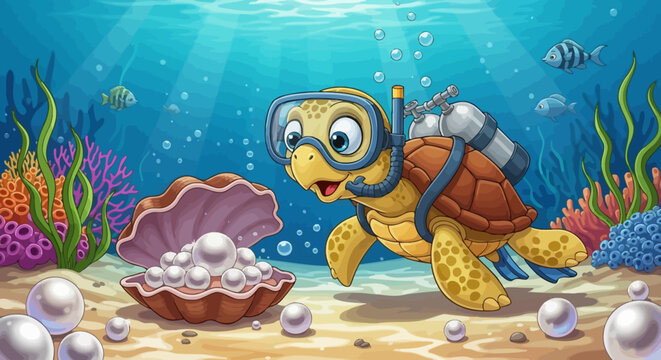 Cartoon sea turtle discovers pearl oyster underwater, ocean life.