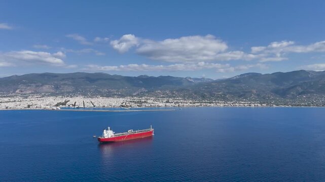 Aerial View of Red Cargo Ship Anchored off Kalamata with Harbor, Coastal Cityscape and Taygetus Mountains, Messinian Gulf, Peloponnese Greece