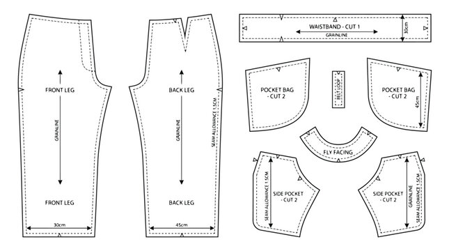 Professional trousers sewing pattern vector, technical garment construction template, flat fashion sketch with waistband and pocket details