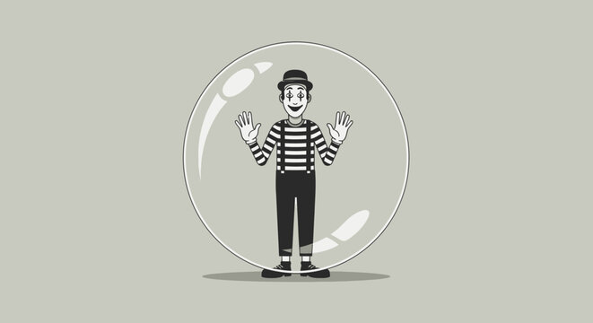 Cheerful mime trapped inside bubble, waves hands, monochrome cartoon style