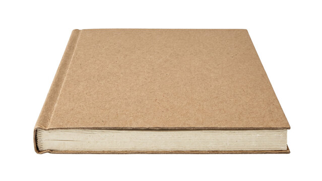 Blank hardcover book with textured brown cardboard cover isolated on transparent background