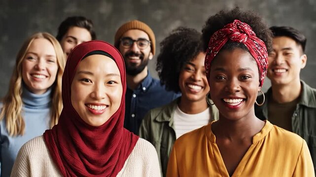 Diverse group of multicultural young adults standing together in a studio