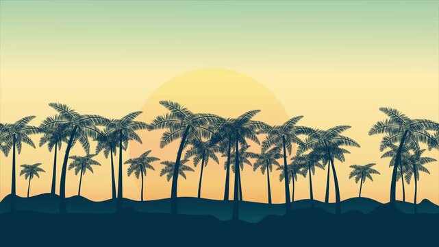 Coconut Palm Tree Silhouette on the Left Side with Orange and Red Layered Clouds Across a Warm Tropical Sunset Sky and Large Sun in the Background